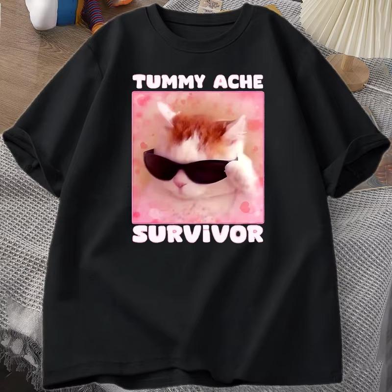 Tummy Ache Survivor Funny Cat Meme Tshirt Unisex Women Silly Stupid Cat Tee Shirt Unisexs Short Sleeve T Shirts Cotton Oversized Top