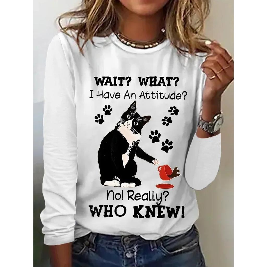 Okrągły dekolt 3D nadruk zabawny kot wzór top modny casual długi rękaw damskie koszulki