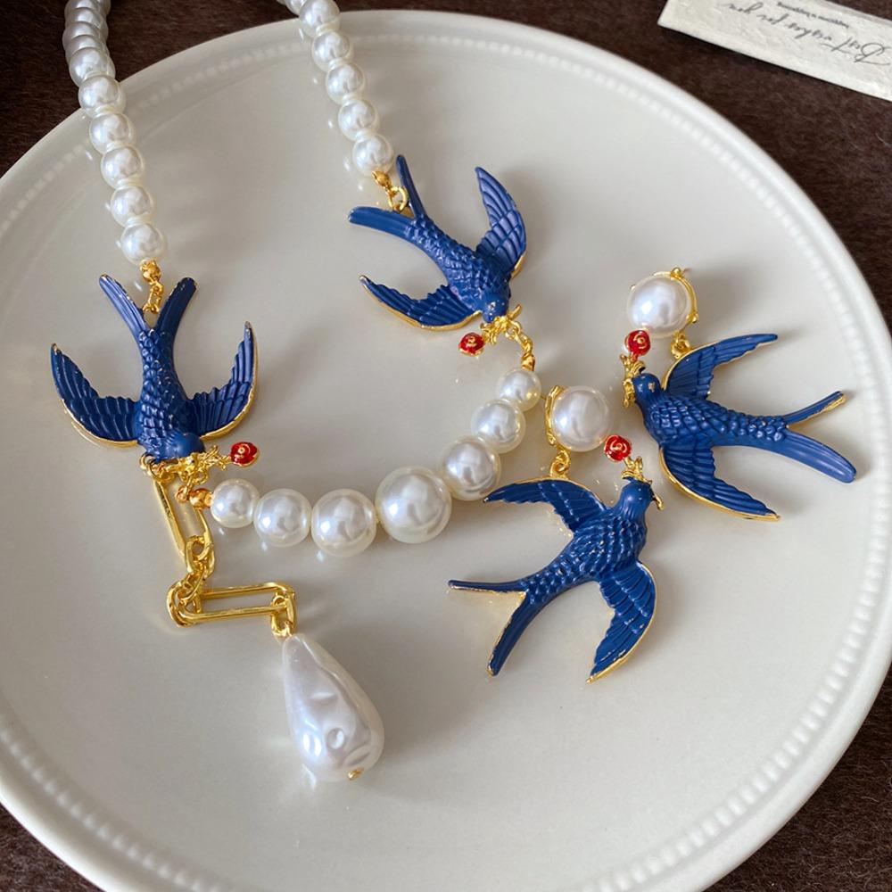 Exquisite Teardrop-shaped Tassels Blue Spray-painted Double Swallows Imitation Pearl Beaded Necklace Earring for Women Jewelry