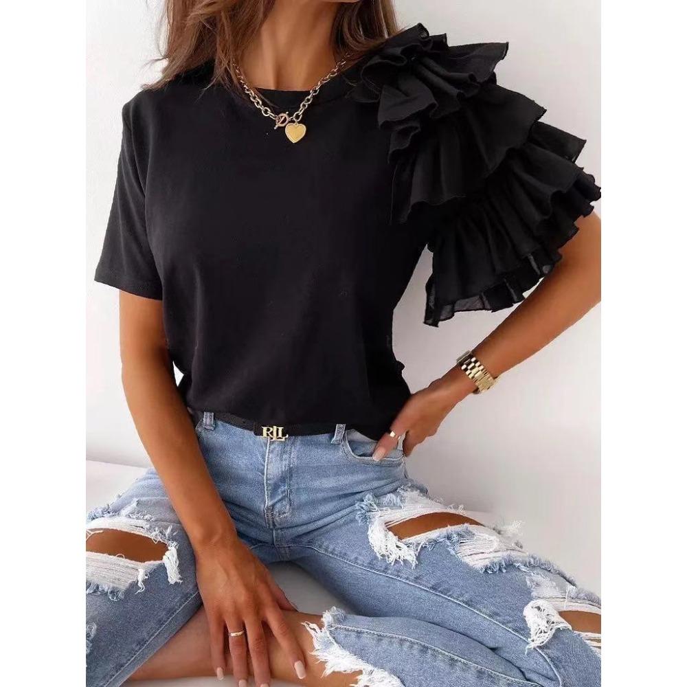 GMXIA Summer Simple and Fashionable Ruffled Short-sleeved, Versatile O-neck T-shirt