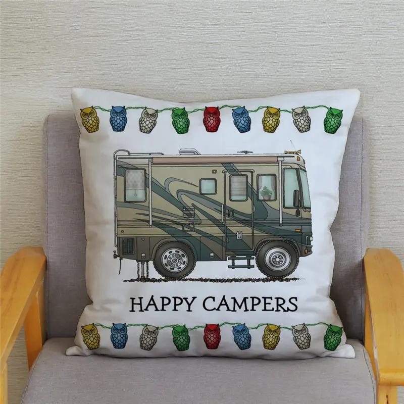 45X45Cm Happy Campers Owl Motorhome Print Pillow Case Soft Polyester Sofa Car Seat/Back Cushion Cover For Home Decor Pillowcases