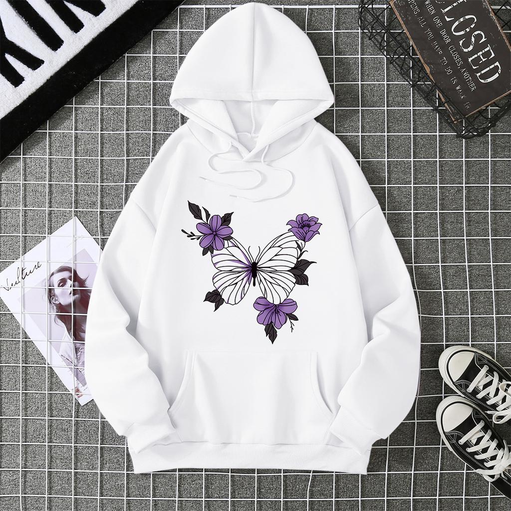 European and American Basic Butterfly Printing Casual Hooded Sweater Women's Autumn and Winter with the Same Versatile Loose Top