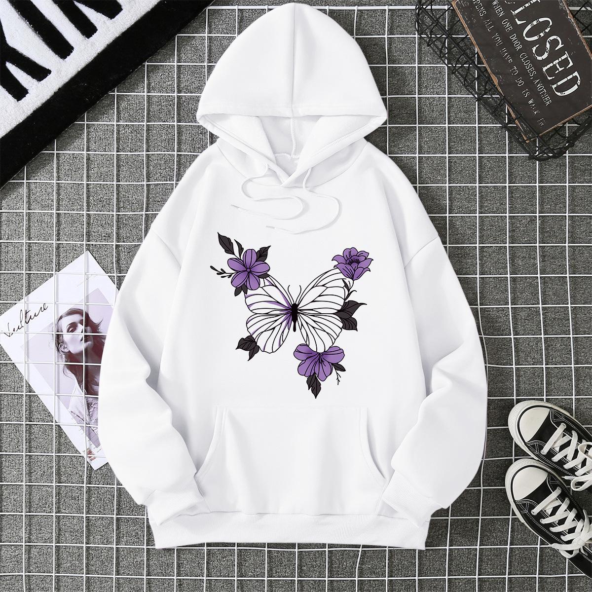 

European and American basic butterfly printing casual hooded sweater women s autumn and winter with the same versatile loose top S