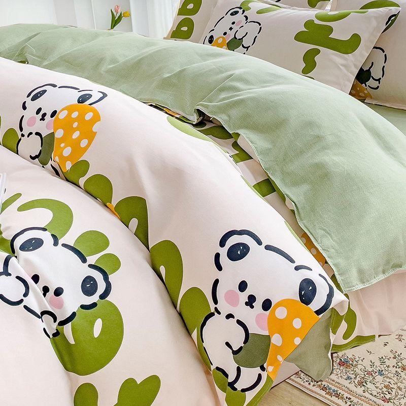 Simple Class A Washed Cotton Four-piece Bedding Set Princess Style Printed Quilt Cover Dormitory Bed Sheet Three-piece Quilt Cover