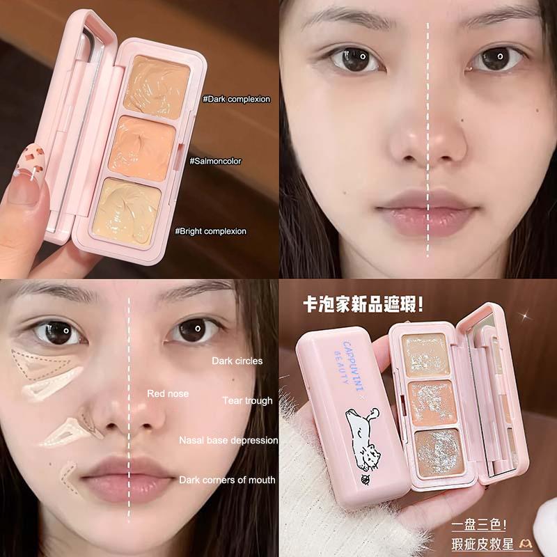 Cappuvini 3-Color Correcting Concealer Strip Palette Eye Brightening Concealer Contour Cream Full Coverage Oil-Control Makeup