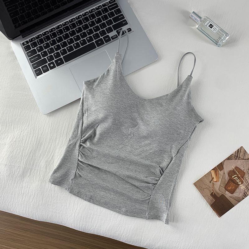 

Pure Desire Style Sexy Easiest for Match Ruched Design Camisole Women s Spring and Summer with Chest Pad Beauty Back Sleeveless Base Top Grey All yards