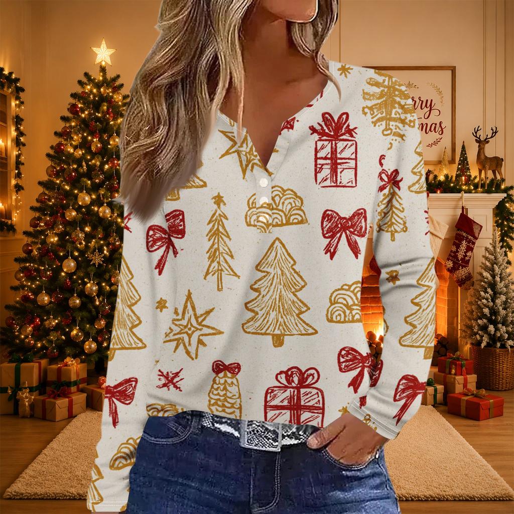 Women's Casual Christmas Print V-Neck Long Sleeve T-Shirt with Decorative Buttons for Holiday Parties