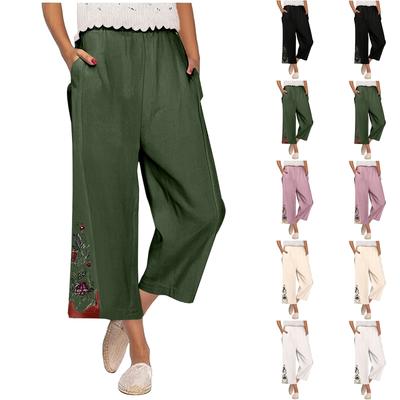 Women's Summer Solid Color Embroidery Decoration Cotton And Linen Loose Nine-point Pants
