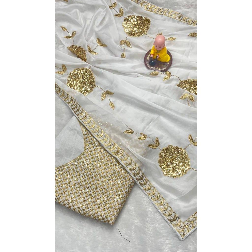 Premium  Georgette Fabrics with 3 Mm Sequence Embroidered Work and Golden Zari Thread Work
