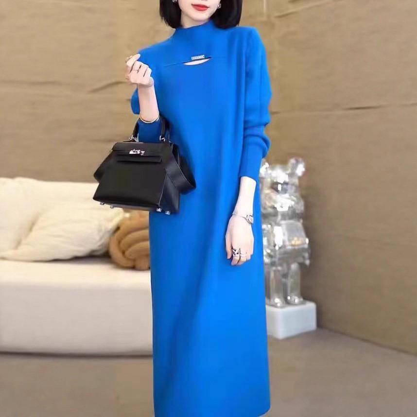 Semi-turtleneck with coat temperament dress women's autumn and winter medium and long loose and thin solid color knitted sweater skirt