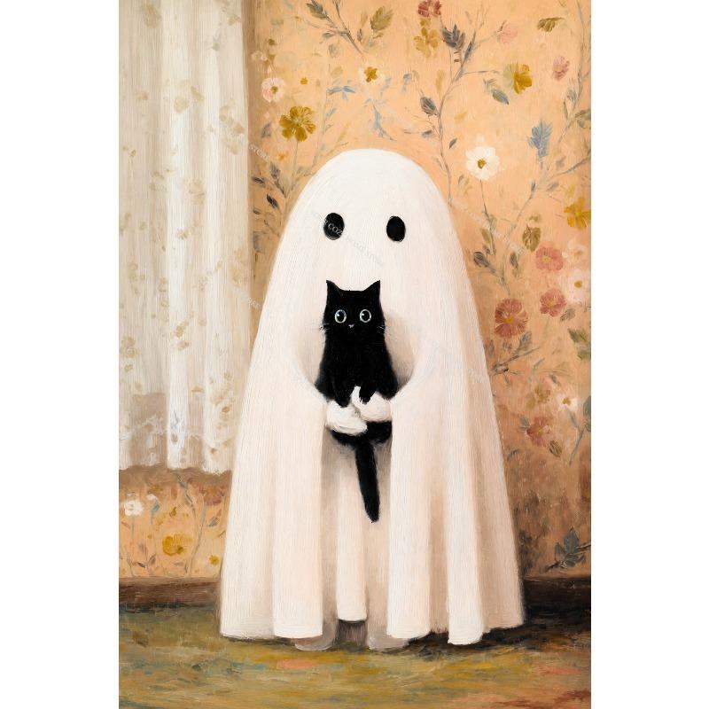 Cute Ghost Black Cat Canvas Gallery Wall Prints Halloween Floral Bat Wall Art Soft Pastel Fall Farmhouse Holiday Home Decor Gift