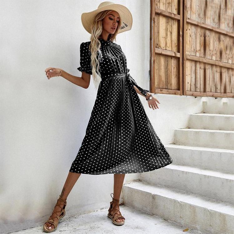 Women's Polka Dot Printed Dress Casual Crew Neck Tie Pleated Spring Summer Short Long Sleeve Mediumn