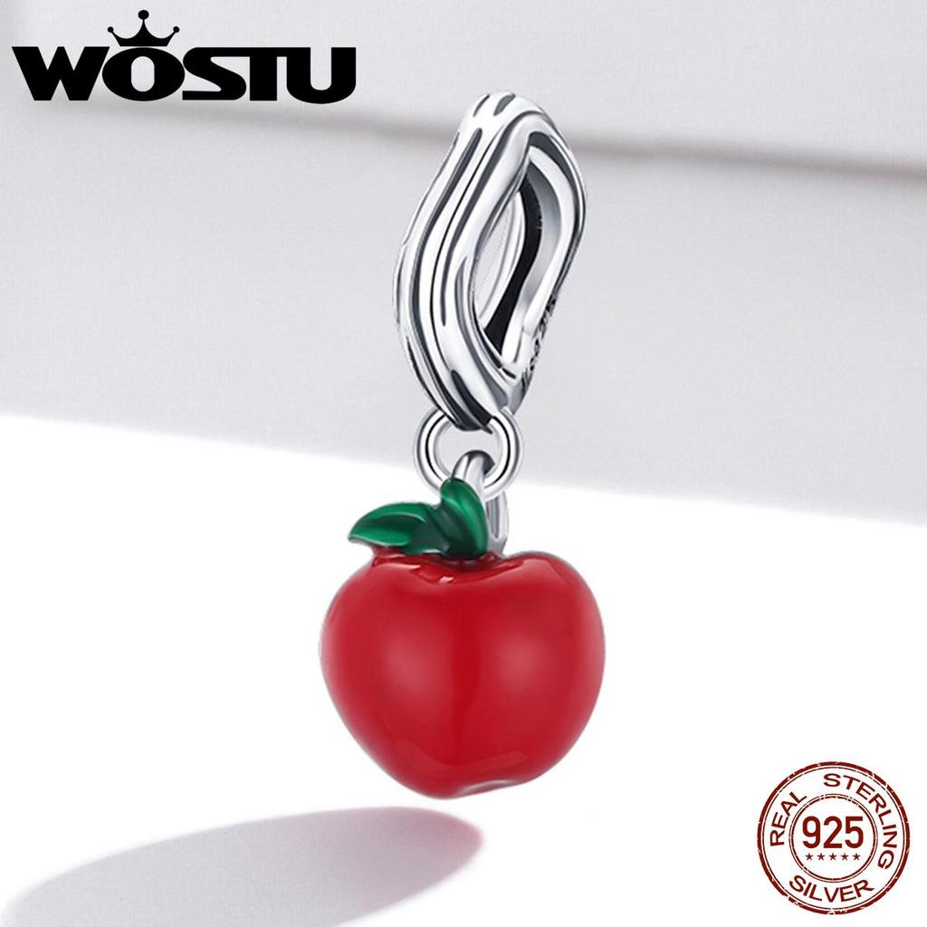 WOSTU Hypoallergenic Red Apples & Green Leaves 925 Sterling Silver Charm Pendant Beads Fit Original Bracelet Pendant Fine Jewelry