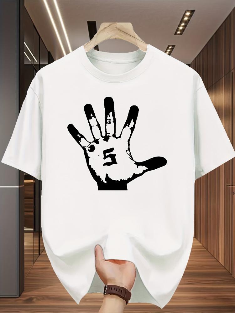 Unisex White Crew Neck Tee Hand Print Number Five Pattern Oversized Short Sleeve Unisexs Summer Streetwear Casual Daily Basic Wear Top