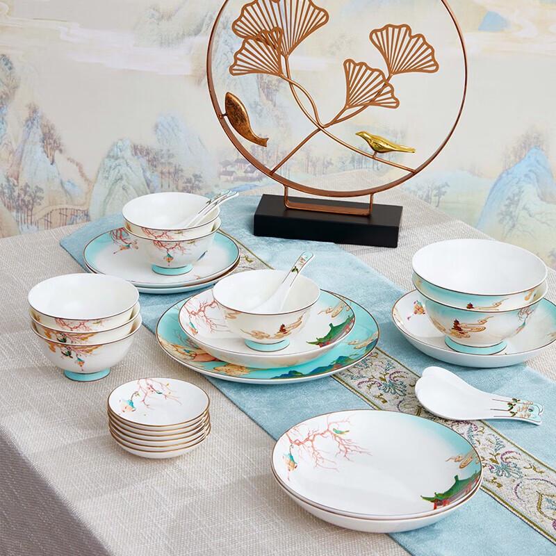 JINGREPUBLIC Lucky Deer 27-Piece Chinese Ceramic Dinnerware Set