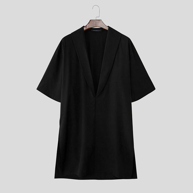 INCERUN Men Deep V Neck Short Sleeve Splits Casual Long T-shirts Tee S чёрный