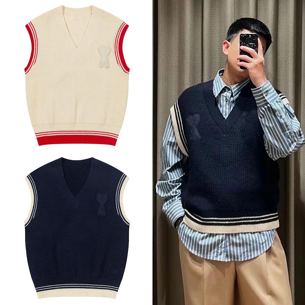AMI ANCIENT Unisex V-Neck Love Letter Knit Vest - Autumn/Winter Color Block