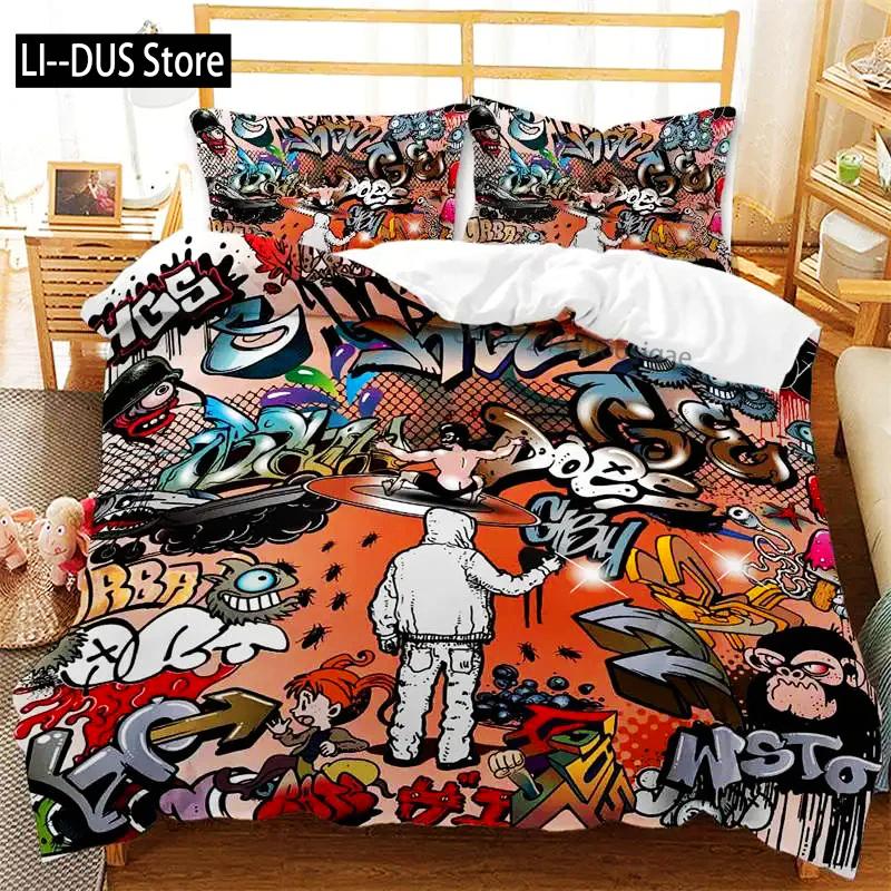Graffiti Duvet Cover Hip Hop Street Culture Print Bedding Set Microfiber Colorful Overlapping Blocky Letters Art Comforter Cover