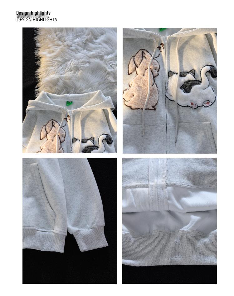 American Vintage Cartoon Embroidered Short-Sleeve Hooded Sweatshirt - Loose Fit for Spring and Autumn