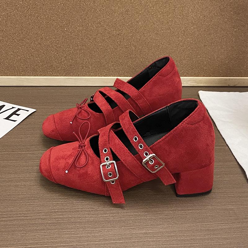 French bow square head Mary Jane women's shoes 2025 new retro shallow rivet thick high heel single shoes