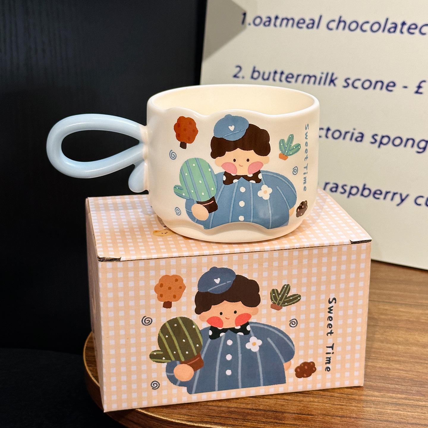 

Cute Cartoon Boy And Girl Stacking Cup Ceramic Mug Household Water Cup High Value Couple Cup Souvenir 380ml