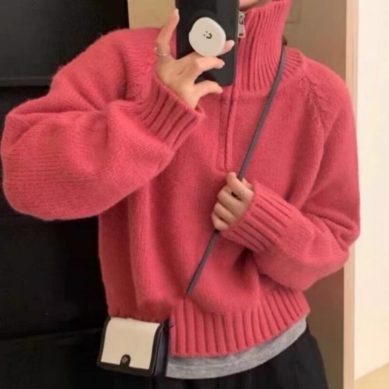 Autumn Winter Long Sleeved Half Zipper Pullover Sweater Turtleneck Fashion Elegant Office Sweet Lapel Loose Tops Casual Knitted Korean Simple Clothing