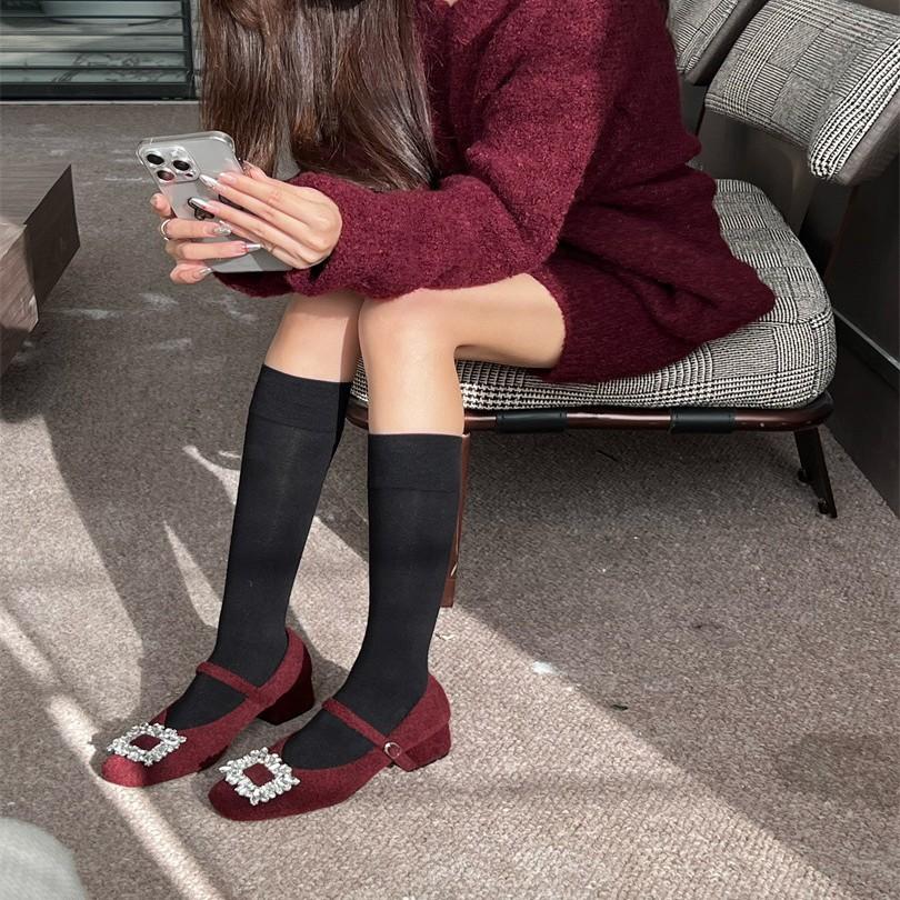 2025 autumn and winter new rhinestone square buckle thick heel versatile temperament single shoes gentle laden shoes French Mary Jane shoes women