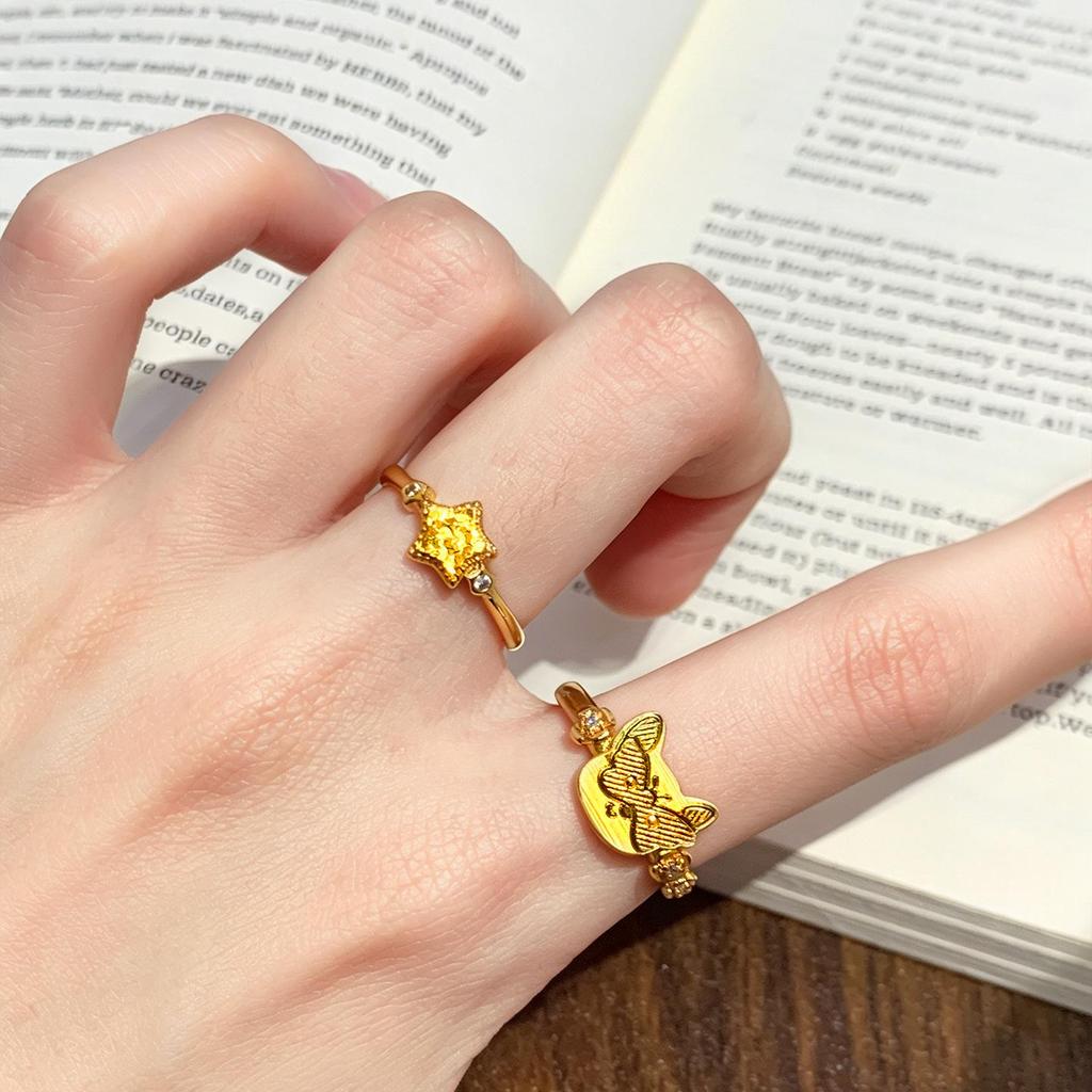 Gold-Plated Sparkly Crushed Ice Star Ring, Adjustable Open Design, Sweet Light Luxury Meilong Jewelry