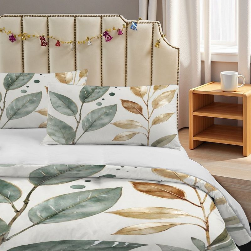 Pillowcase Quilt Cover 3-Piece Bedding Watercolor Style,Golden Green Leaf Pattern,Washable,Durable