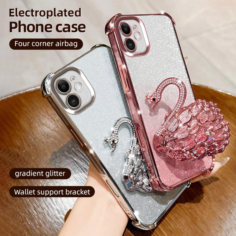 KEYSION Shockproof Plating Phone Case for iPhone 11 12 Pro Max Clear TPU Glitter Jewelled Swan kickstand Back Cover for iPhone 11