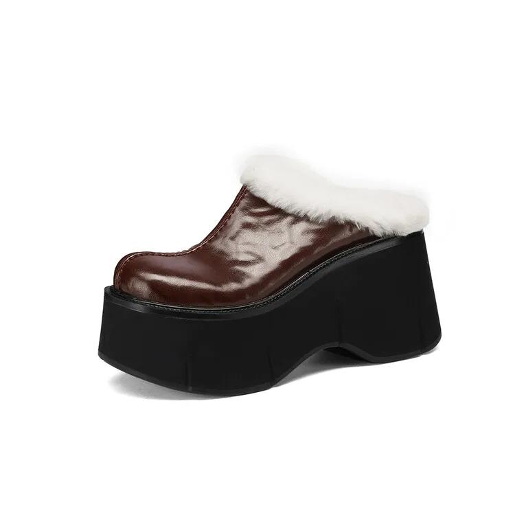 Fashion Vintage Rabbit Hair/wool Autumn and Winter Plush Slippers Women's Fashion Black Brown Warm Outdoor High Heel Cotton Shoes
