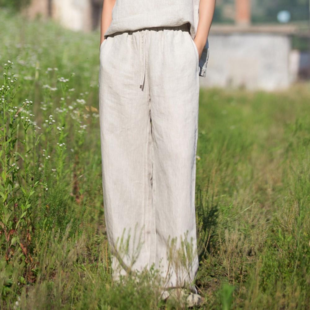 Johnature Women Vintage Straight Pants Summer Chinese Style High Quality Trousers Elastic Waist Soft Long Pants