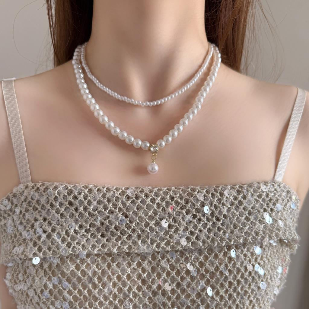 French Double Layer Single Pearl Necklace, Unique Elegant Stackable Clavicle Chain