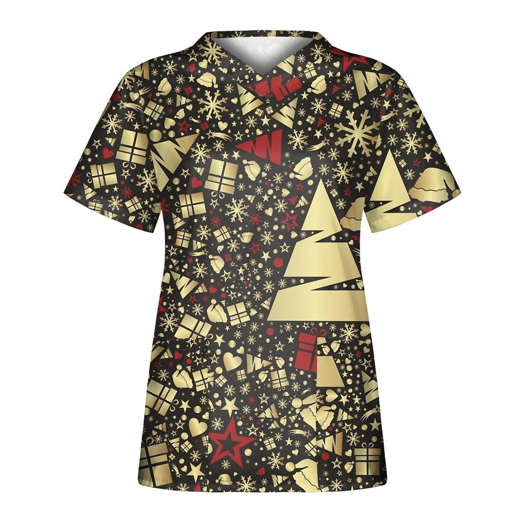 Women's Chirstmas Printing Short Sleeve V-neck Tops Working  Pocket Blouse