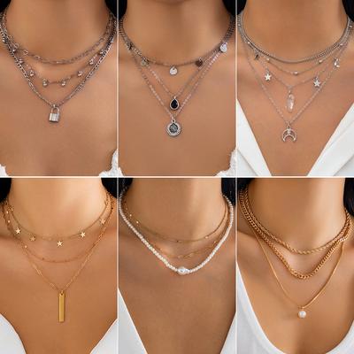 Accessoires, collier simple à fine chaîne perle d'imitation pour femme, ensemble polyvalent multicouche, chaîne de cou