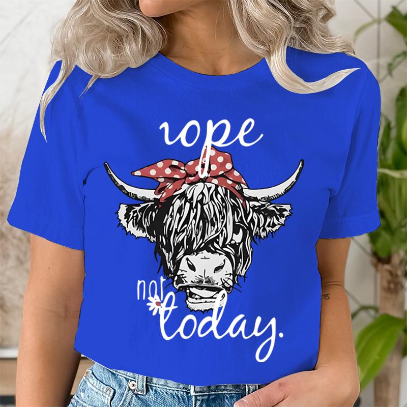 Women Funny T Shirts Cute Hairy Scottish Highland Cow TShirt Round Neck Casual Tops Women Cow Head  Letter Print Short Tshirt