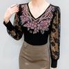 Spring Autumn Women's Lace Sleeve Patchwork T-Shirt Elegant V-neck Tees Slim Ladies Tops With Rhinestone Flower