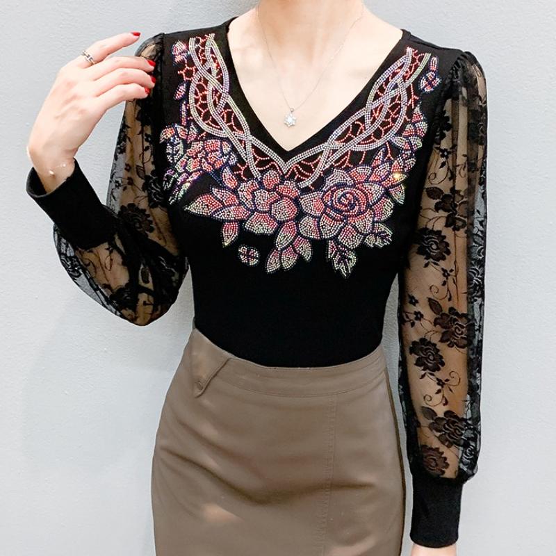 Spring Autumn Women's Lace Sleeve Patchwork T-Shirt Elegant V-neck Tees Slim Ladies Tops With Rhinestone Flower