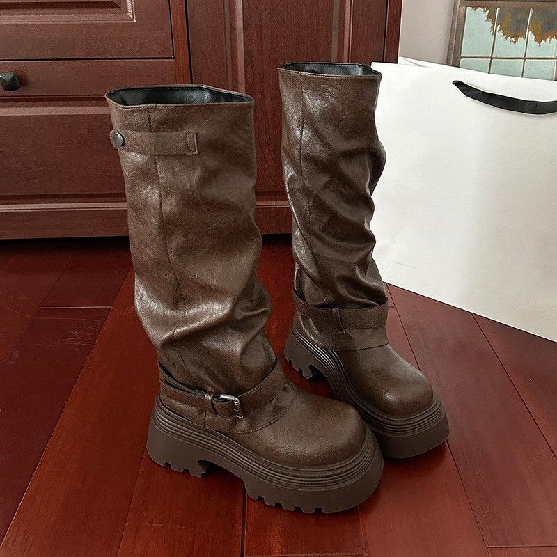 

Brown British Coarse Heel Platform Boots Long Boots 2025 Autumn Height Increase Skinny Pants Knight Boots 39 коричневий