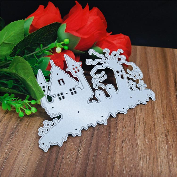 

Замок дом с привидениями дерево монстр узор Скрапбукинг ремесло Die 3D DIY изготовление фестивальных карт Счастливый Хэллоуин серебряный