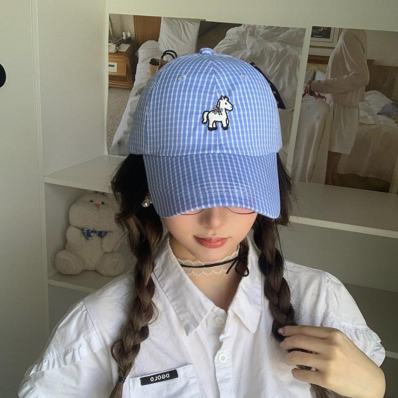 Spring And Summer Blue Plaid Baseball Cap Female Embroidered Pony Cap Face Pony Baseball Cap Adjustable