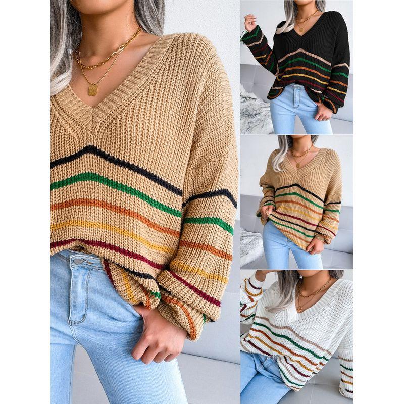 

2023 Rainbow Stripe Casual Loose Sweater Casual Loose Sweater White L