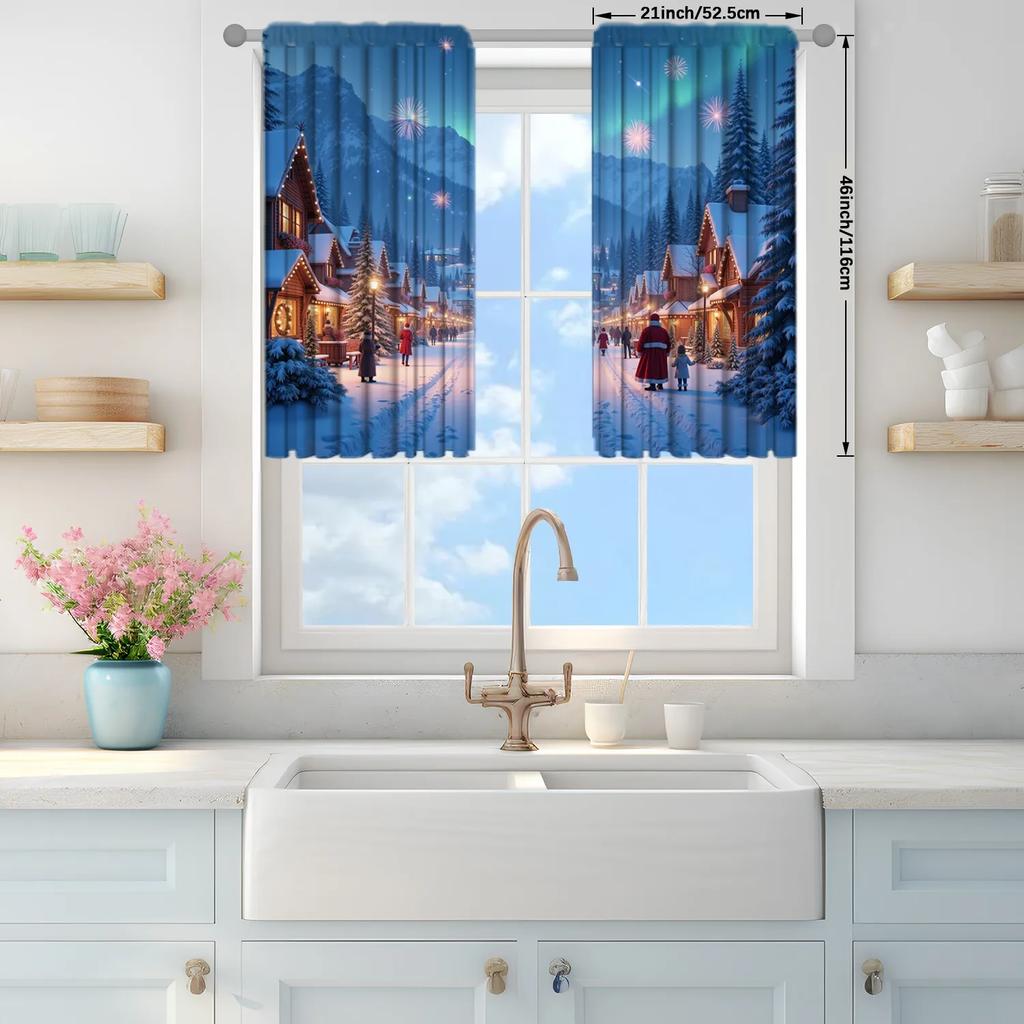 Set Of 2 Christmas Snow Scenery Printed Curtain Home Decor Window Treatment Bedroom Office Kitchen For Made Polyester With Rod Pocket