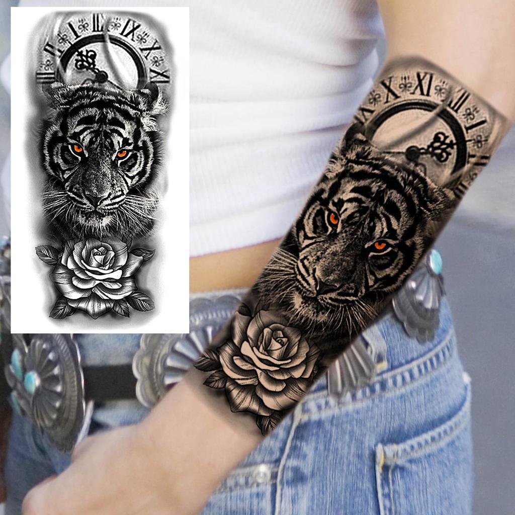 1 Sheet Lion Wolf Skeleton Nun Tiger Black Temporary Tattoos For Men Adult Leg Arm Compass Flower Fake Tattoo Sticker Waterproof