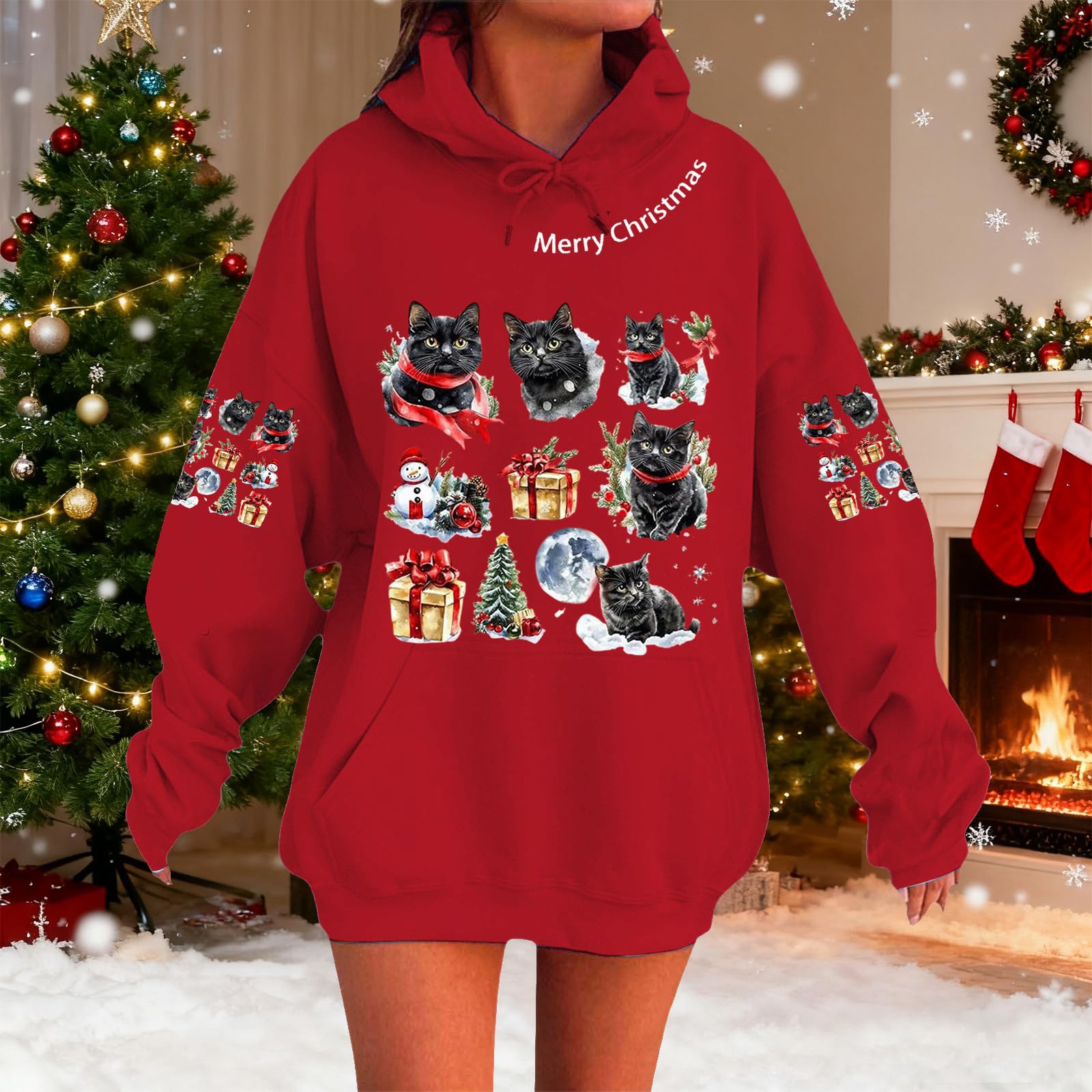 

Женский модный повседневный худи с длинным рукавом и принтом для рождественской праздничной вечеринки M красный