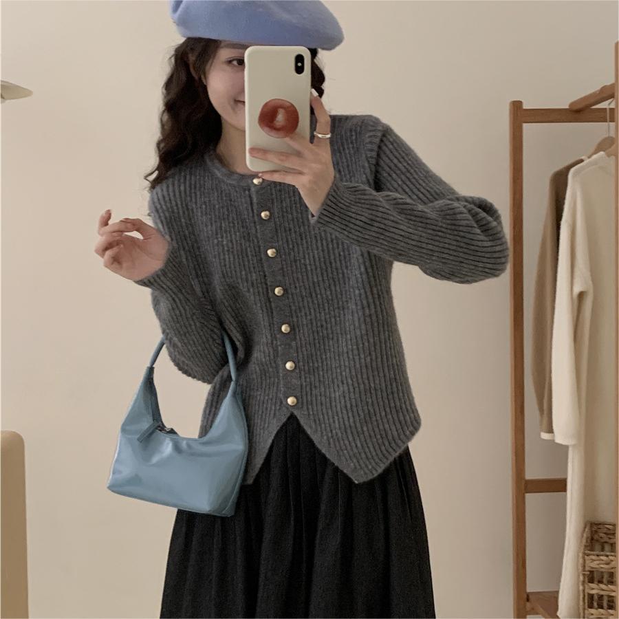 Solid Color Round Neck Irregular Hem Top Spring and Autumn Design Sense Retro Chic Knitted Sweater Women's Simple Fashion