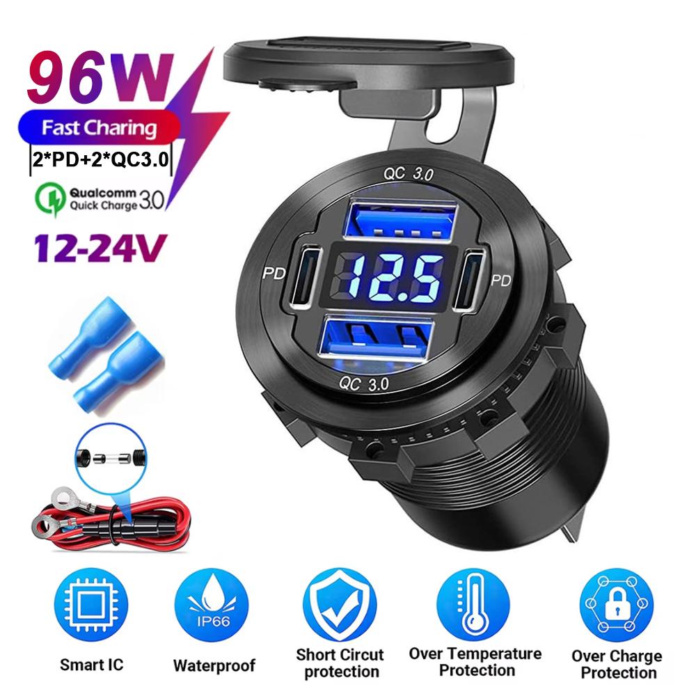 83W Max Phone Charger Socket 45W PD+QC3.0 Fast Charging 22.5W Dual USB+Type C Outlet 3 Ports Power Adapter Waterproof 12V-24V