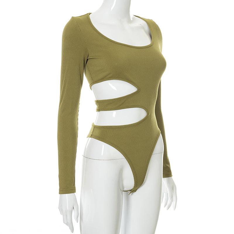 Women's Autumn Fashion Slim Fit Solid Color Round Neck Hollow Out Long Sleeved Jumpsuit