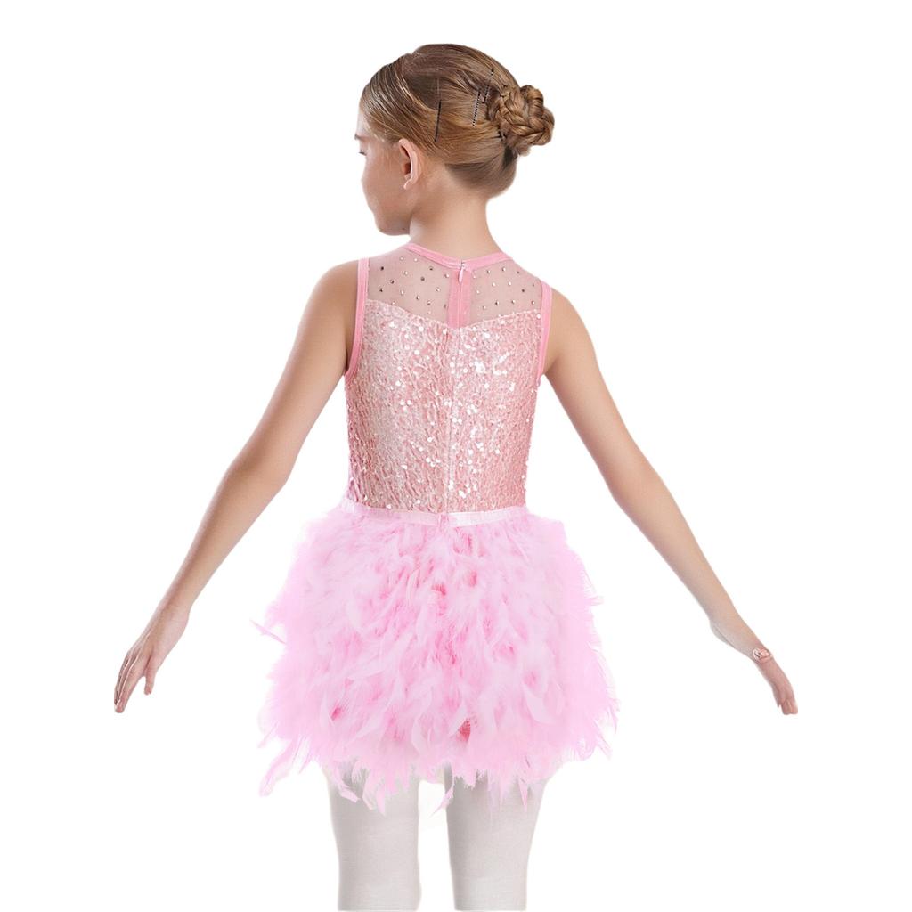 Robe de spectacle de danse pour filles Sans manches Fermeture éclair invisible au dos Patchwork en maille transparente Sequins brillants Plume Velours Robe
