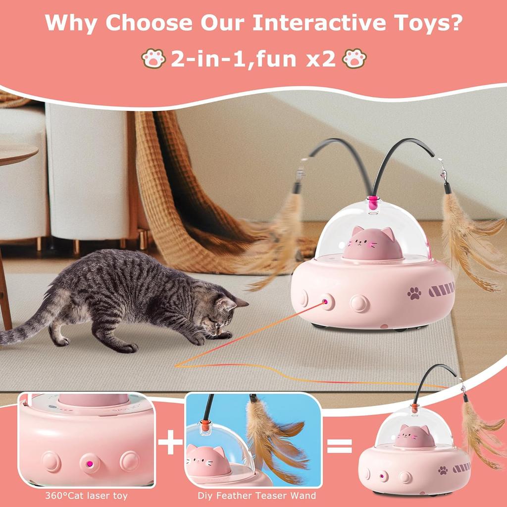 Laser Cat Toy,Electric UFO Cat Wand with Bell,Pet Training Toy,Replaceable Feather Accessories,Interactive Toy, Suitable for Bored Cats/kittens/dogs